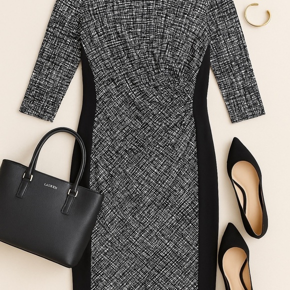 Lauren Ralph Lauren Quiet Luxury Black White Sheath Career Work Wedding Dress 14 - Picture 2 of 11